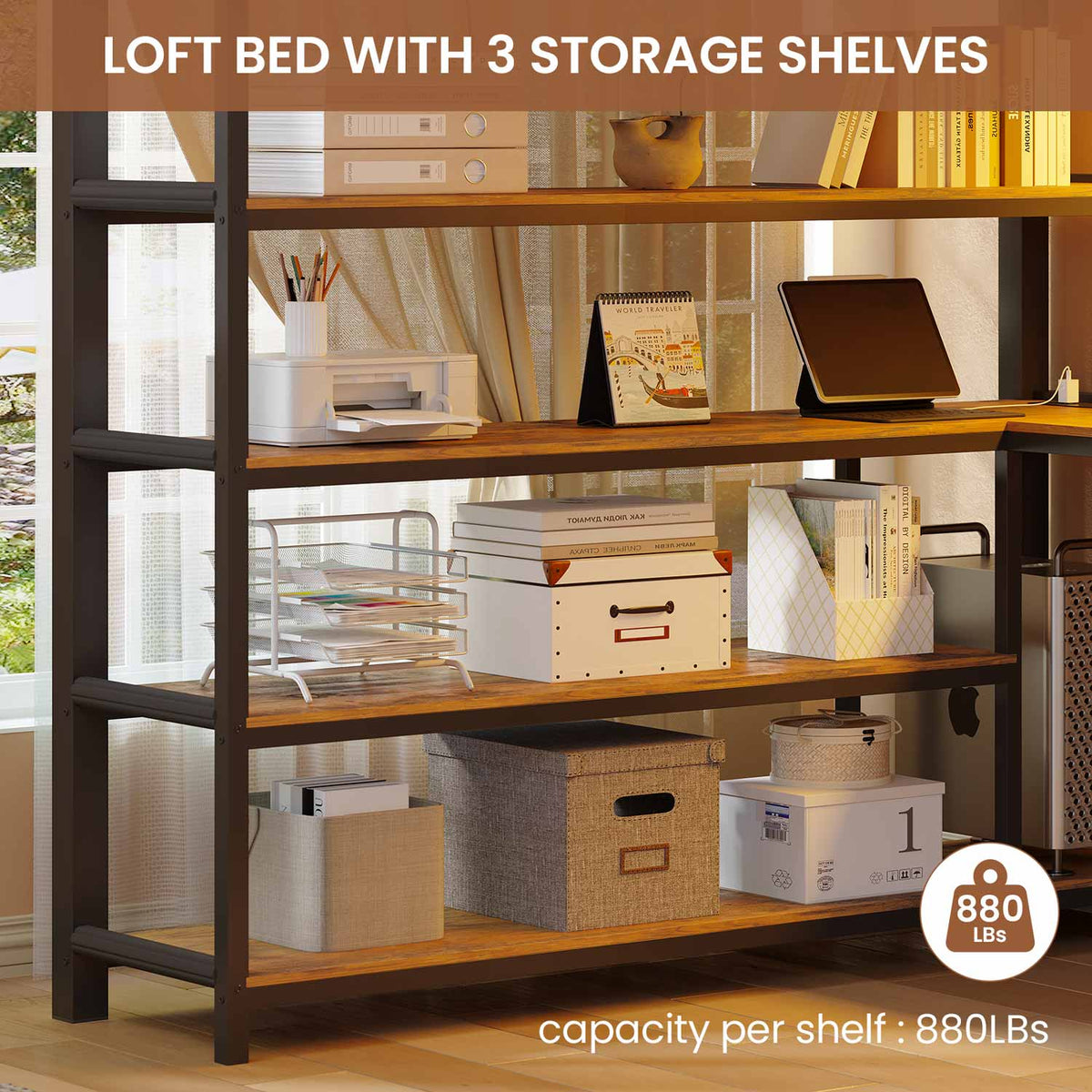 Full Size Loft Bed with L Shaped Desk LED Light and Storage Black