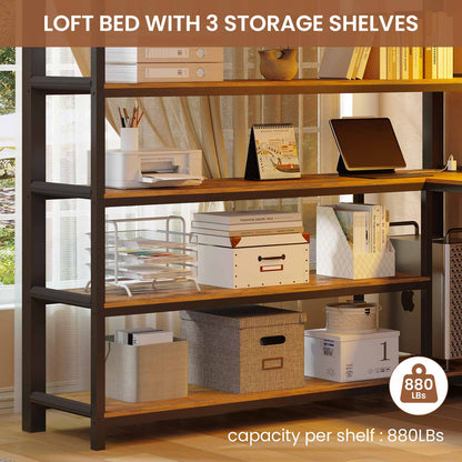Full Size Loft Bed with L Shaped Desk LED Light and Storage Black