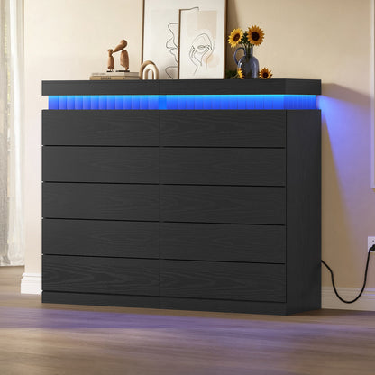 Modern Wood 6 Dresser  with LED Light and Power Outlet,Black