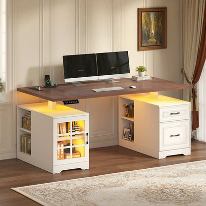 63" Farmhouse Electric Standing Desk with Glass Cabinet White