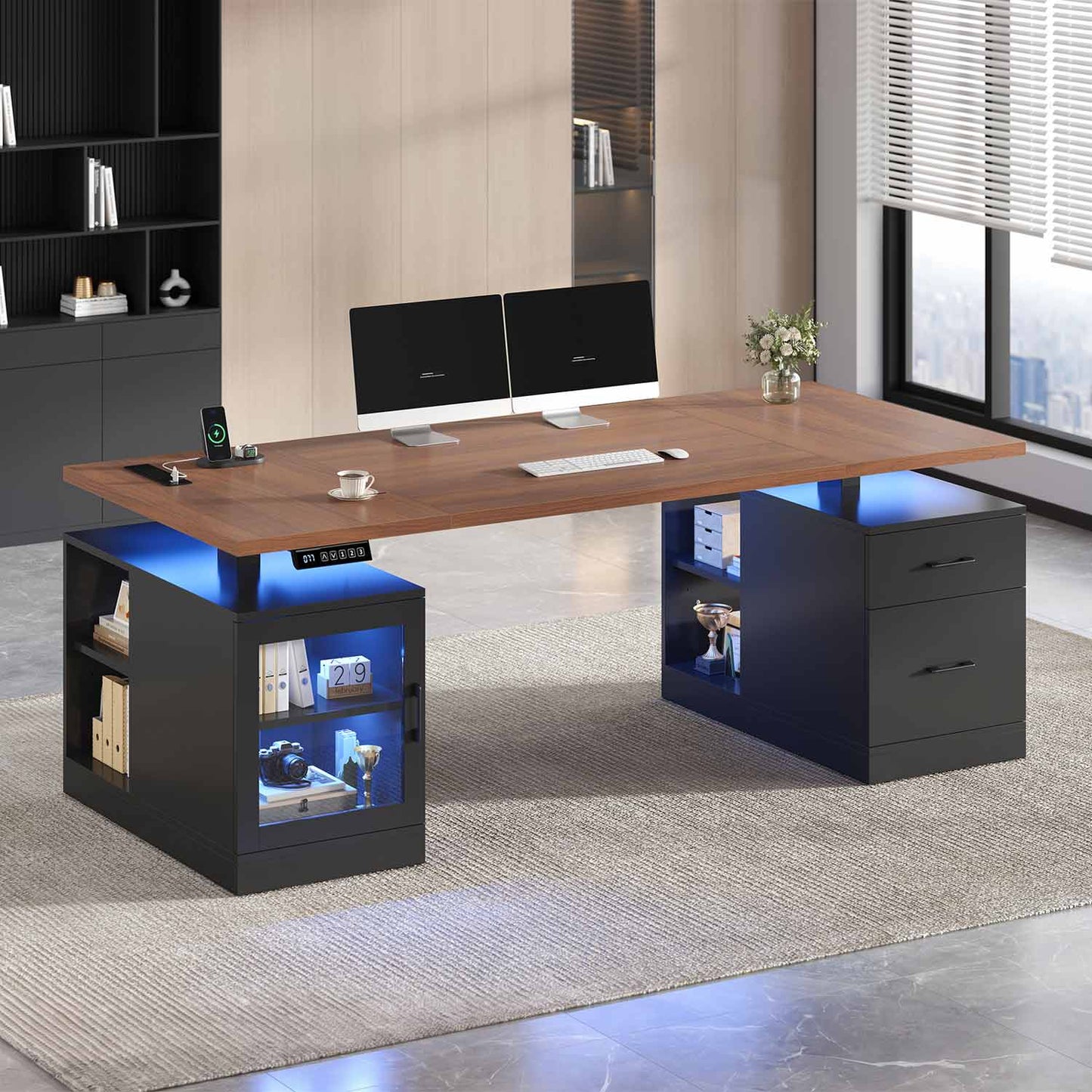 71" Electric Standing Desk with Drawers Glass Cabinet LED Walnut