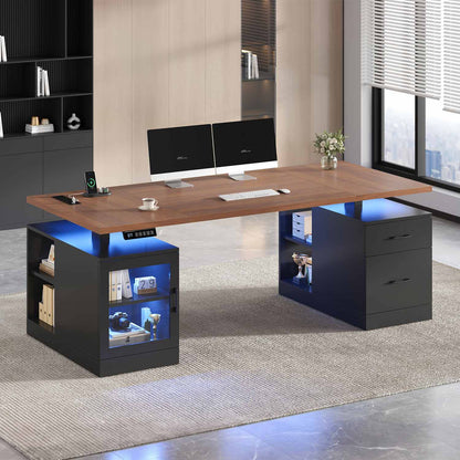 71" Electric Standing Desk with Drawers Glass Cabinet LED Walnut