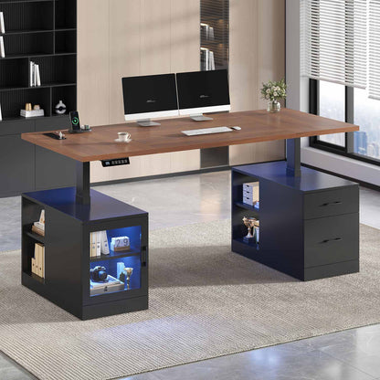 71" Electric Standing Desk with Drawers Glass Cabinet LED Walnut