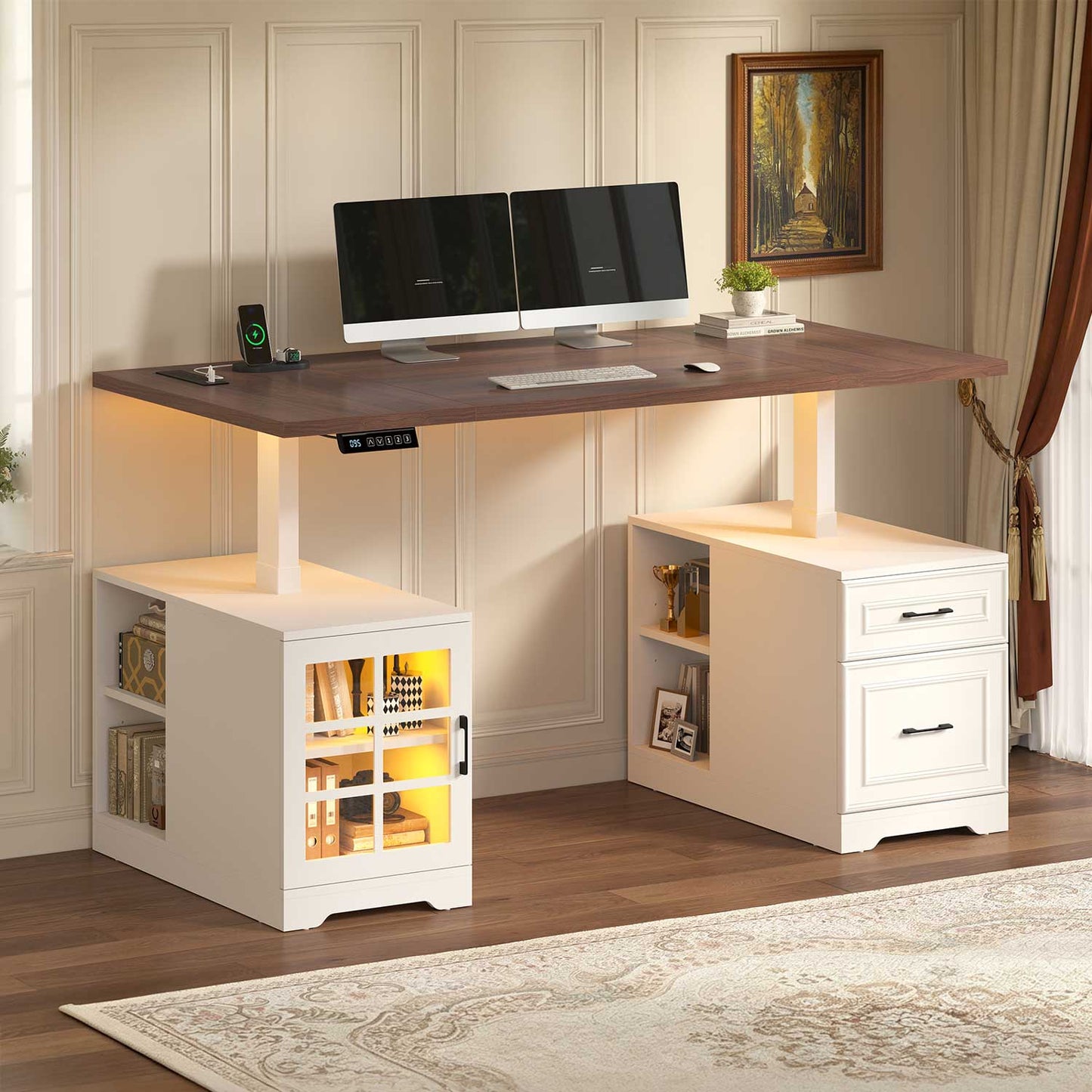63" Farmhouse Electric Standing Desk with Glass Cabinet White