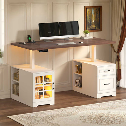 63" Farmhouse Electric Standing Desk with Glass Cabinet White