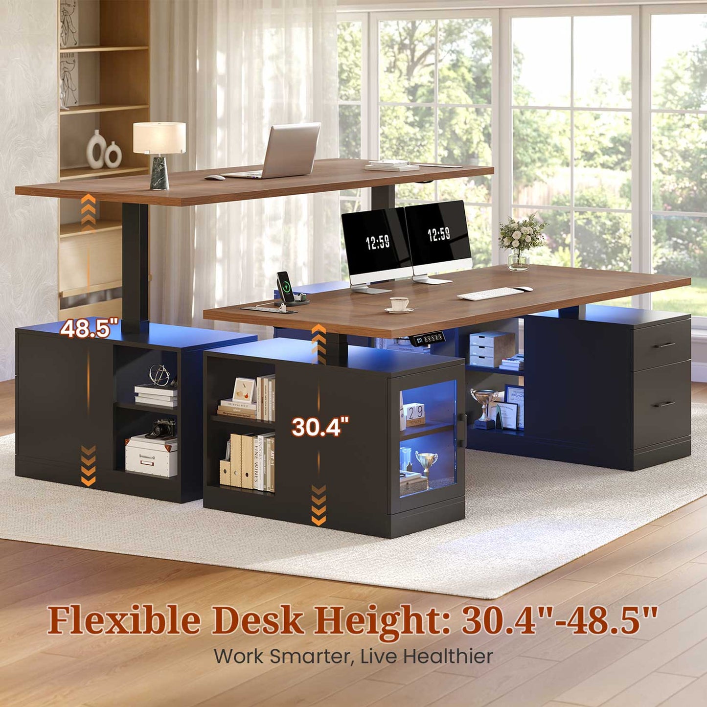 71" Electric Standing Desk with Drawers Glass Cabinet LED Walnut