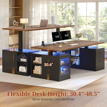 71" Electric Standing Desk with Drawers Glass Cabinet LED Walnut