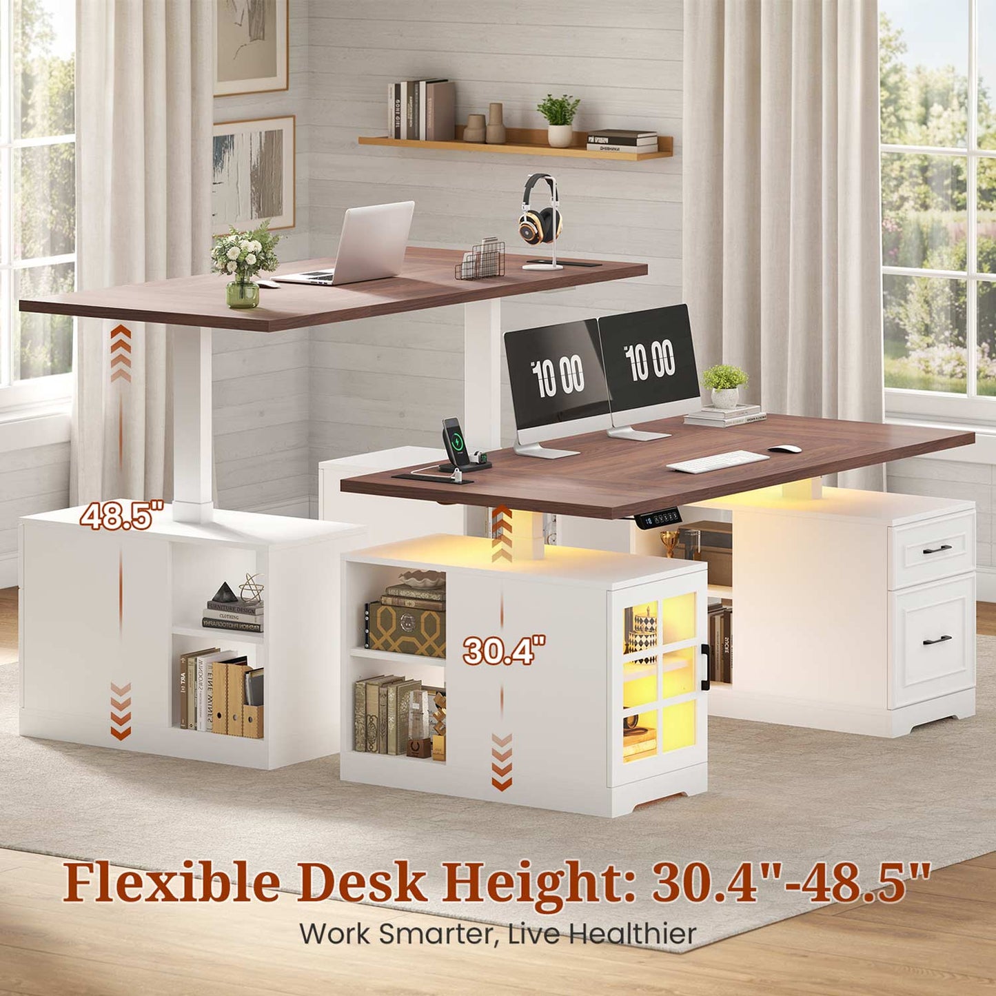63" Farmhouse Electric Standing Desk with Glass Cabinet White