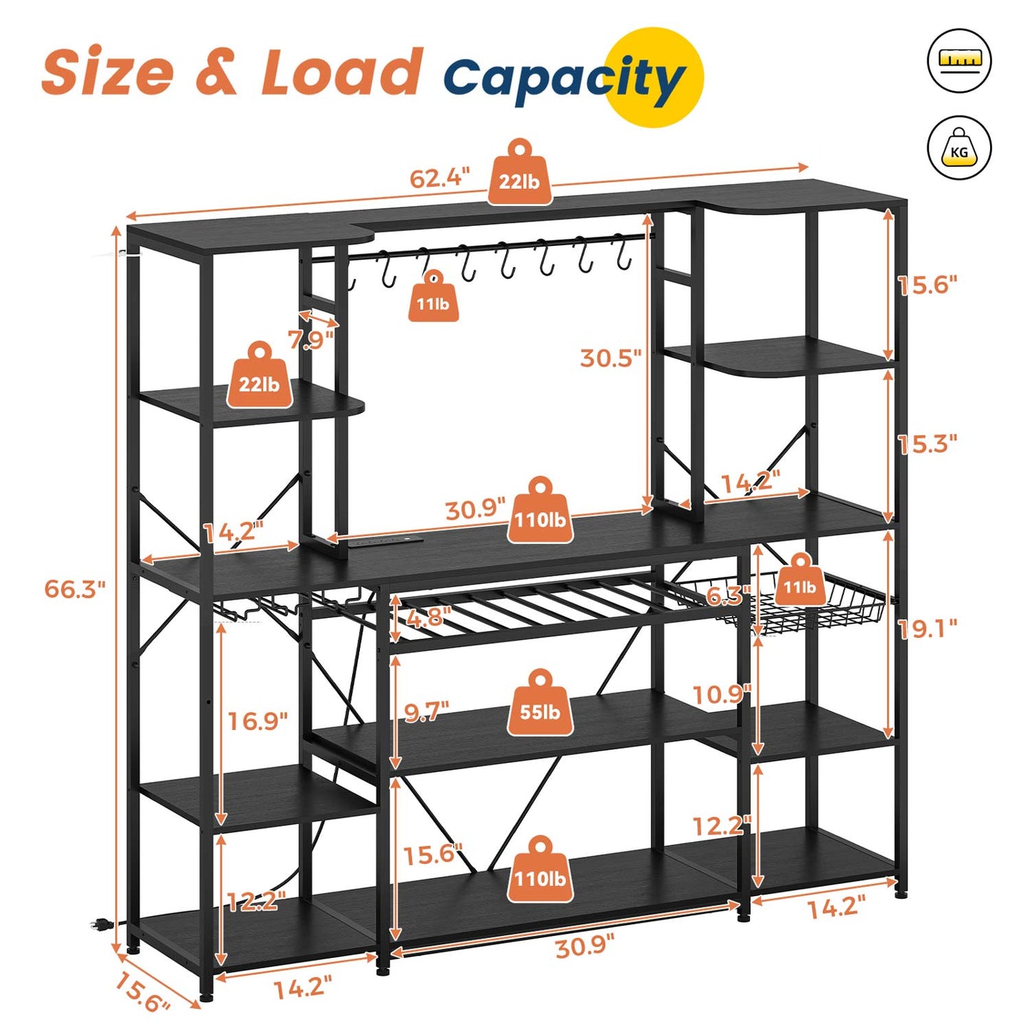 Large Bakers Rack with Power Outlet & Storage Shelves Black