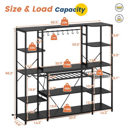 Large Bakers Rack with Power Outlet & Storage Shelves Black