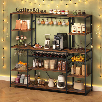 Large Bakers Rack with Power Outlet & Storage Shelves Rustic Brown