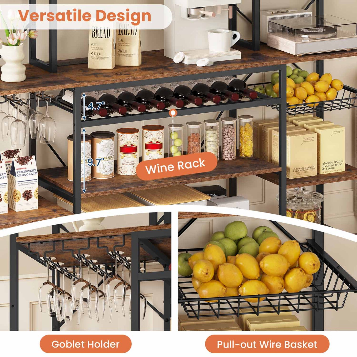 Large Bakers Rack with Power Outlet & Storage Shelves Rustic Brown
