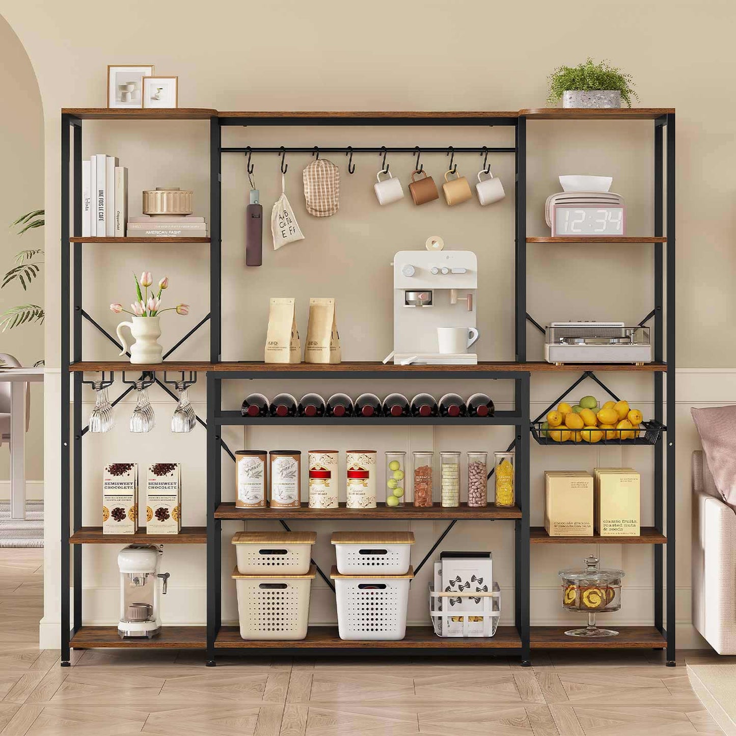 Large Bakers Rack with Power Outlet & Storage Shelves Rustic Brown