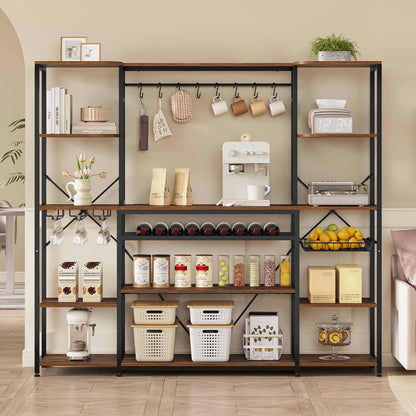 Large Bakers Rack with Power Outlet & Storage Shelves Rustic Brown