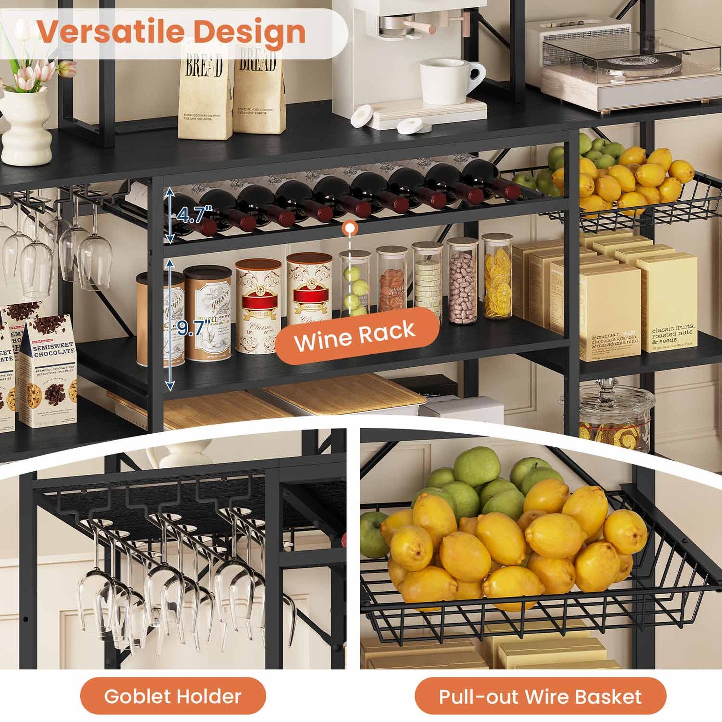 Large Bakers Rack with Power Outlet & Storage Shelves Black