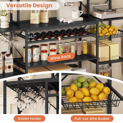 Large Bakers Rack with Power Outlet & Storage Shelves Black