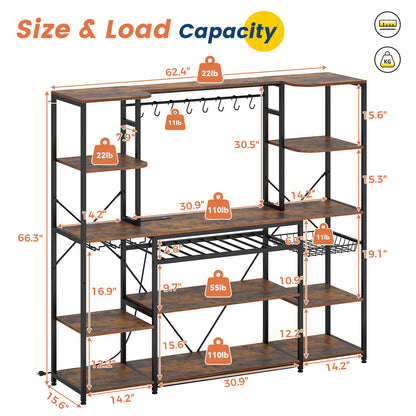Large Bakers Rack with Power Outlet & Storage Shelves Rustic Brown