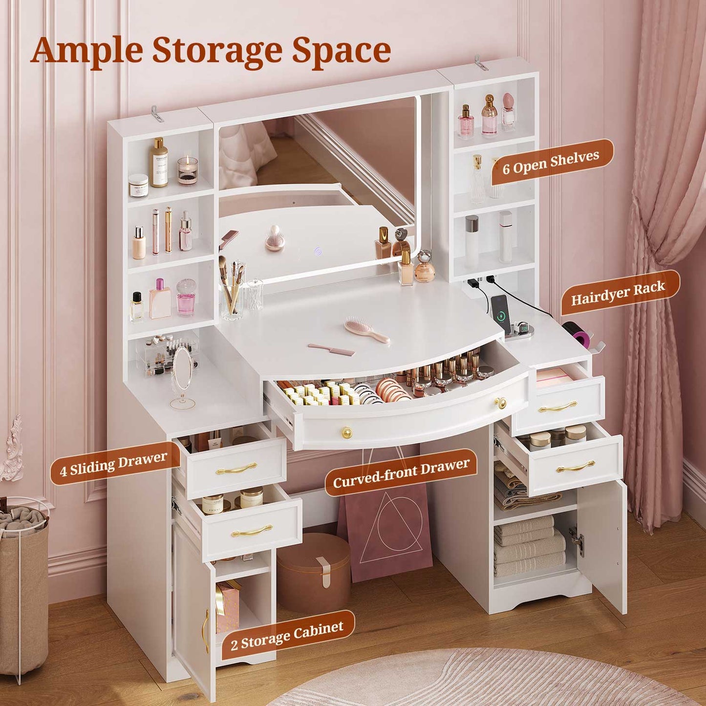 47.2" Vanity Table with LED Mirror & Built-in Charging Station White