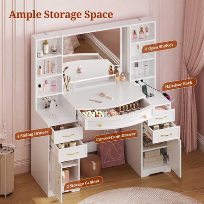 47.2" Vanity Table with LED Mirror & Built-in Charging Station White