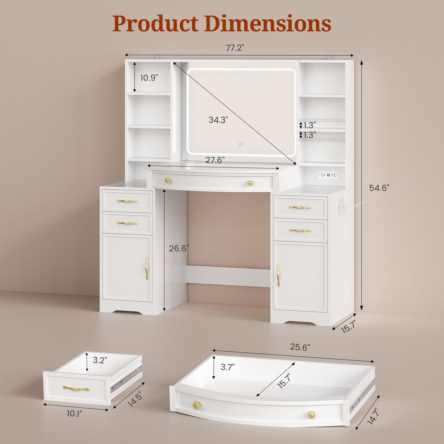 47.2" Vanity Table with LED Mirror & Built-in Charging Station White