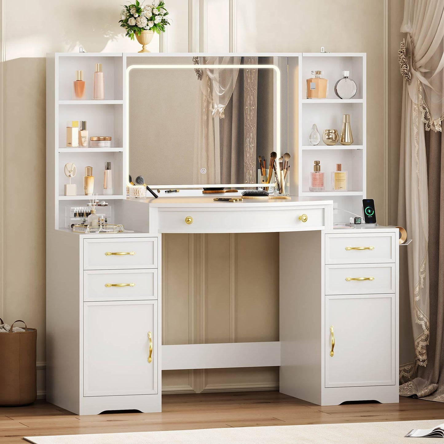 47.2" Vanity Table with LED Mirror & Built-in Charging Station White