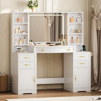 47.2" Vanity Table with LED Mirror & Built-in Charging Station White