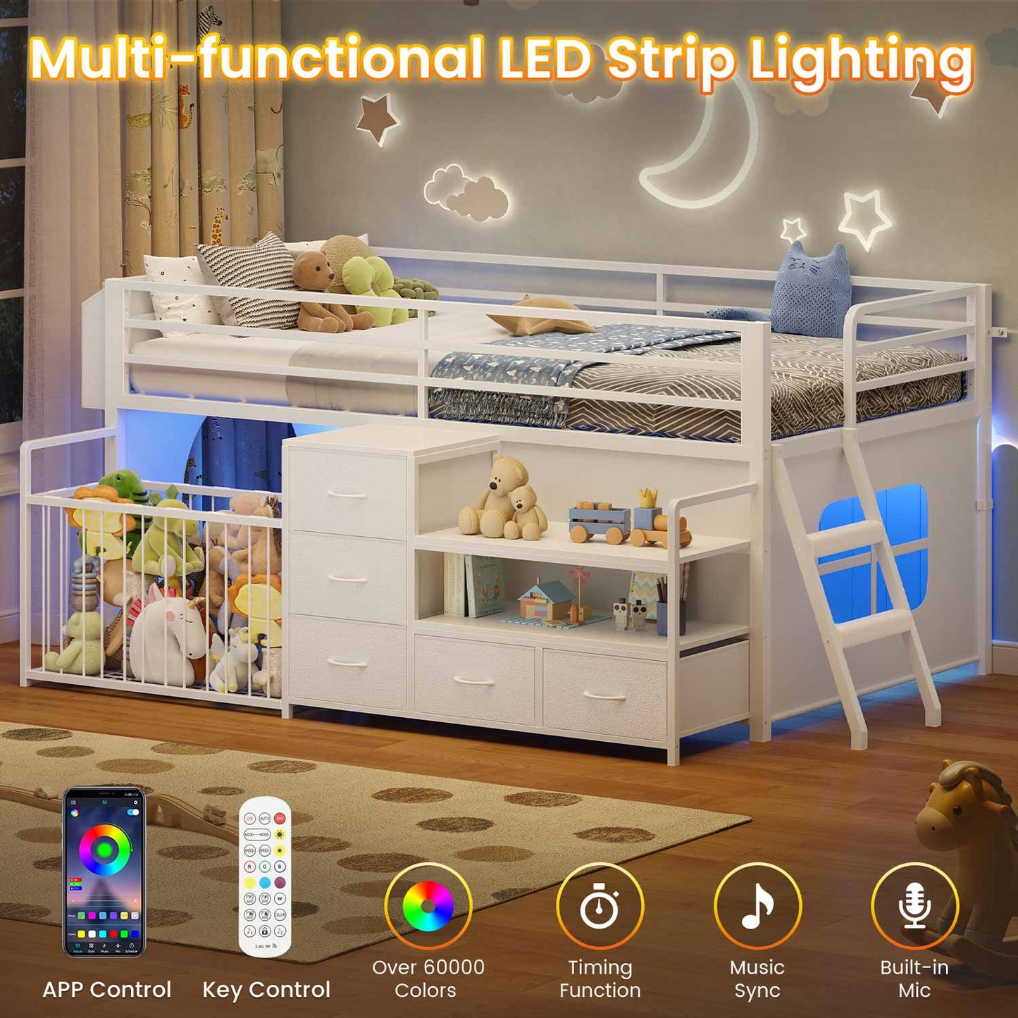 Twin Size Low Loft Bed with Storage Shelves Drawers and LED Lights White