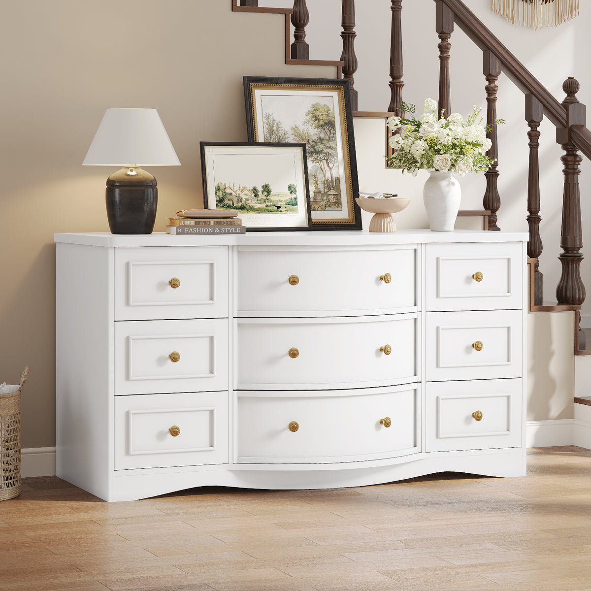 9 Drawer Dresser with Triple Arc Front White