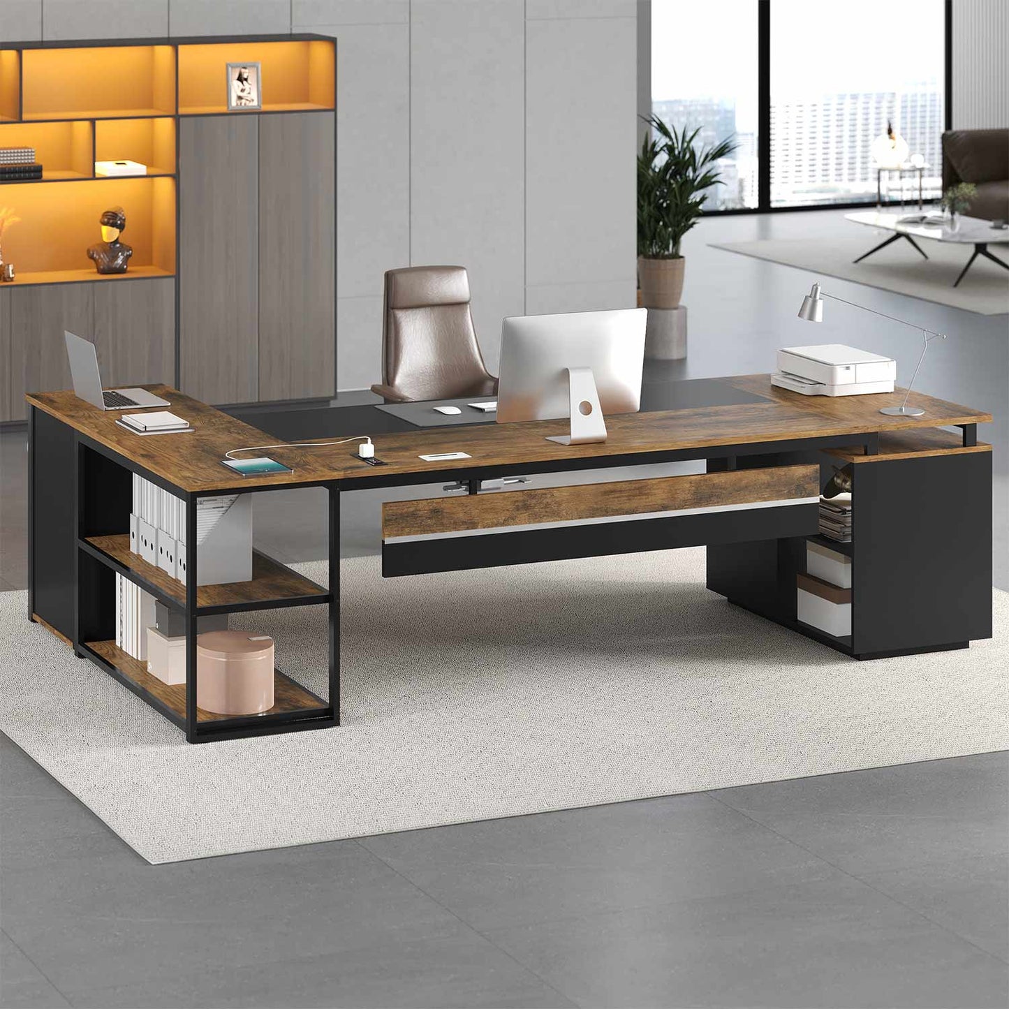 78 Inch L Shaped Executive Desk with Power Outlets Rustic Brown