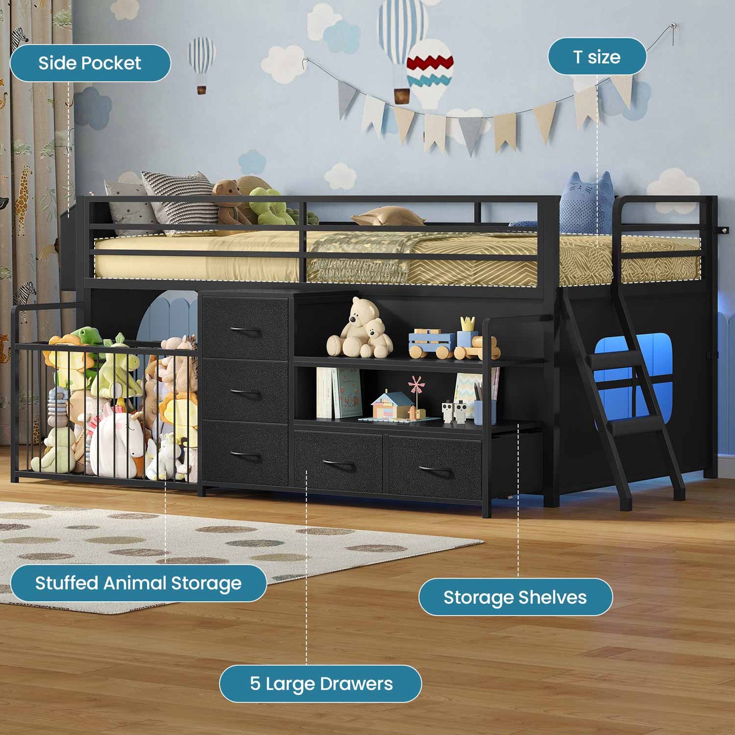 Twin Size Low Loft Bed with Storage Shelves Drawers and LED Lights Black