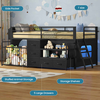 Twin Size Low Loft Bed with Storage Shelves Drawers and LED Lights Black