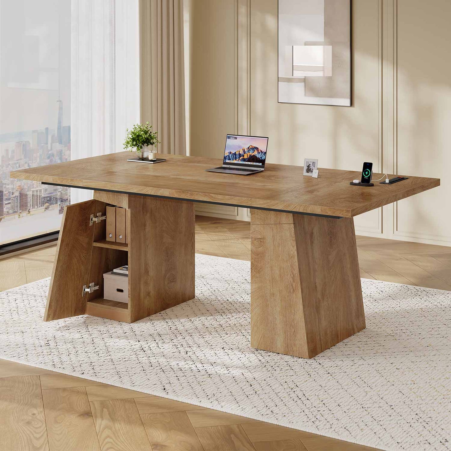 Executive Desk with Power Outlet and Storage Cabinet – Oak