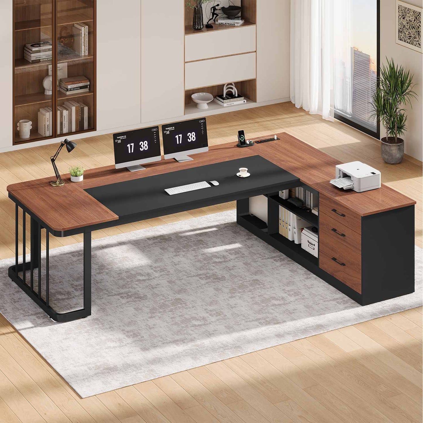 78.7" L Shaped Executive Desk with Drawers Storage Shelves Walnut