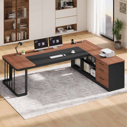 78.7" L Shaped Executive Desk with Drawers Storage Shelves Walnut