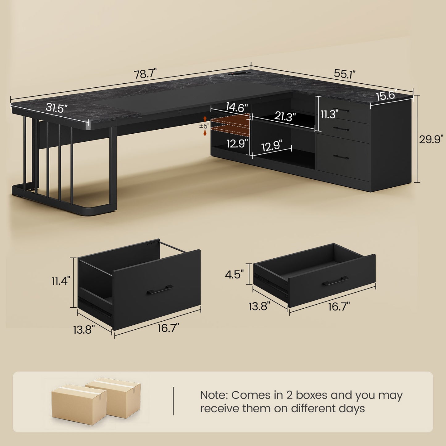 78.7" L Shaped Executive Desk with Drawers Storage Shelves Black