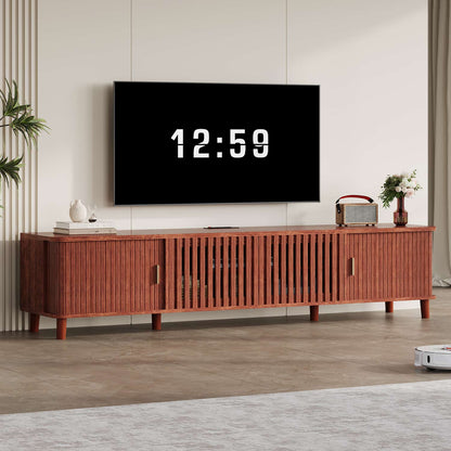 TV Stand with Fluted Sliding Doors & Station RGB LED Lights Media Console Cherry