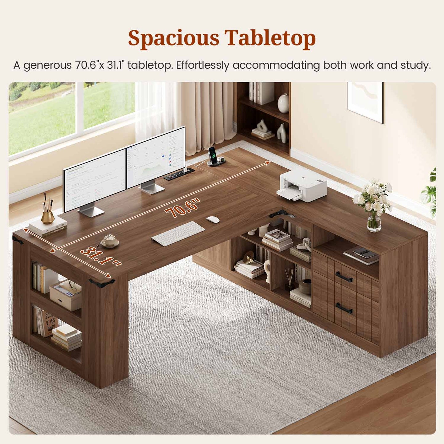 71" L Shaped Executive Desk with Storage and Power Walnut