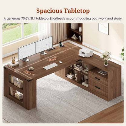 71" L Shaped Executive Desk with Storage and Power Walnut