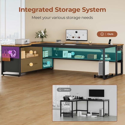 71" Reversible L-Shaped Executive Desk with Storage Shelves & Power Outlets Brown