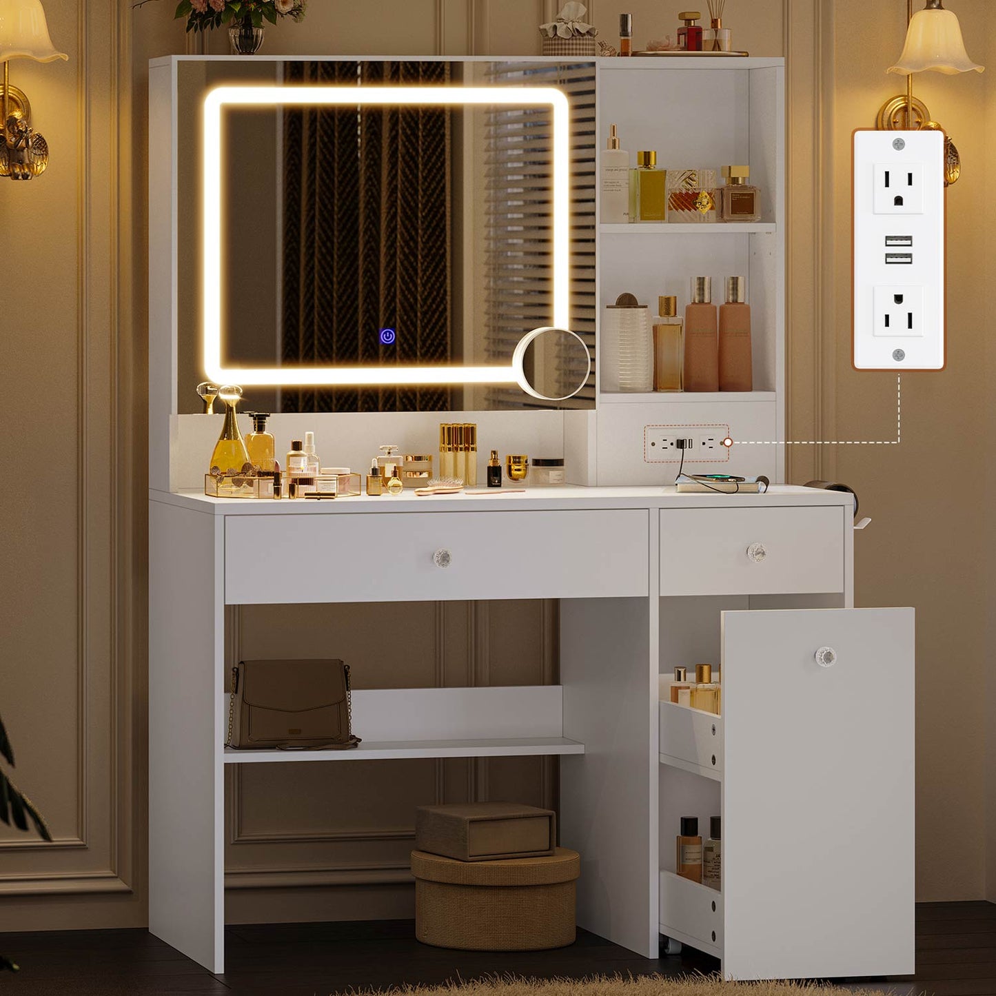 35.4" Normal Makeup Vanity with Pull-Out LED Mirror White