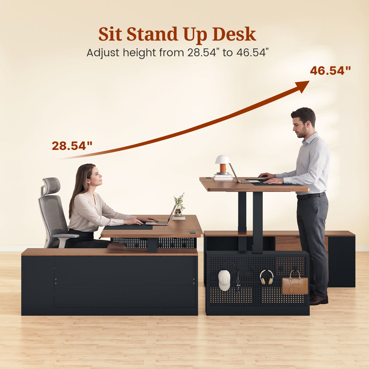 Electric L Shaped Standing Desk with Storage Shelves and Power Outlet Black