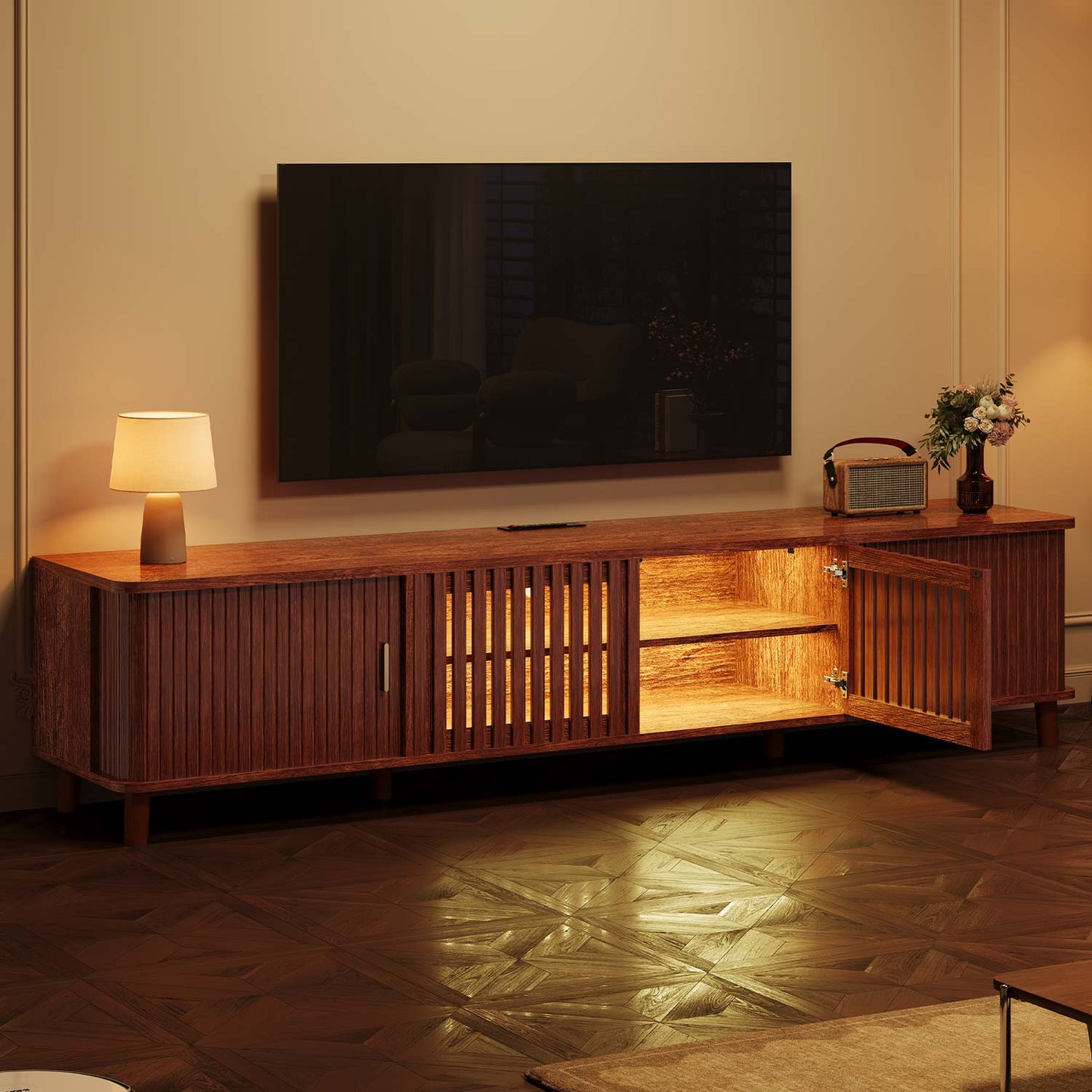TV Stand with Fluted Sliding Doors & Station RGB LED Lights Media Console Cherry