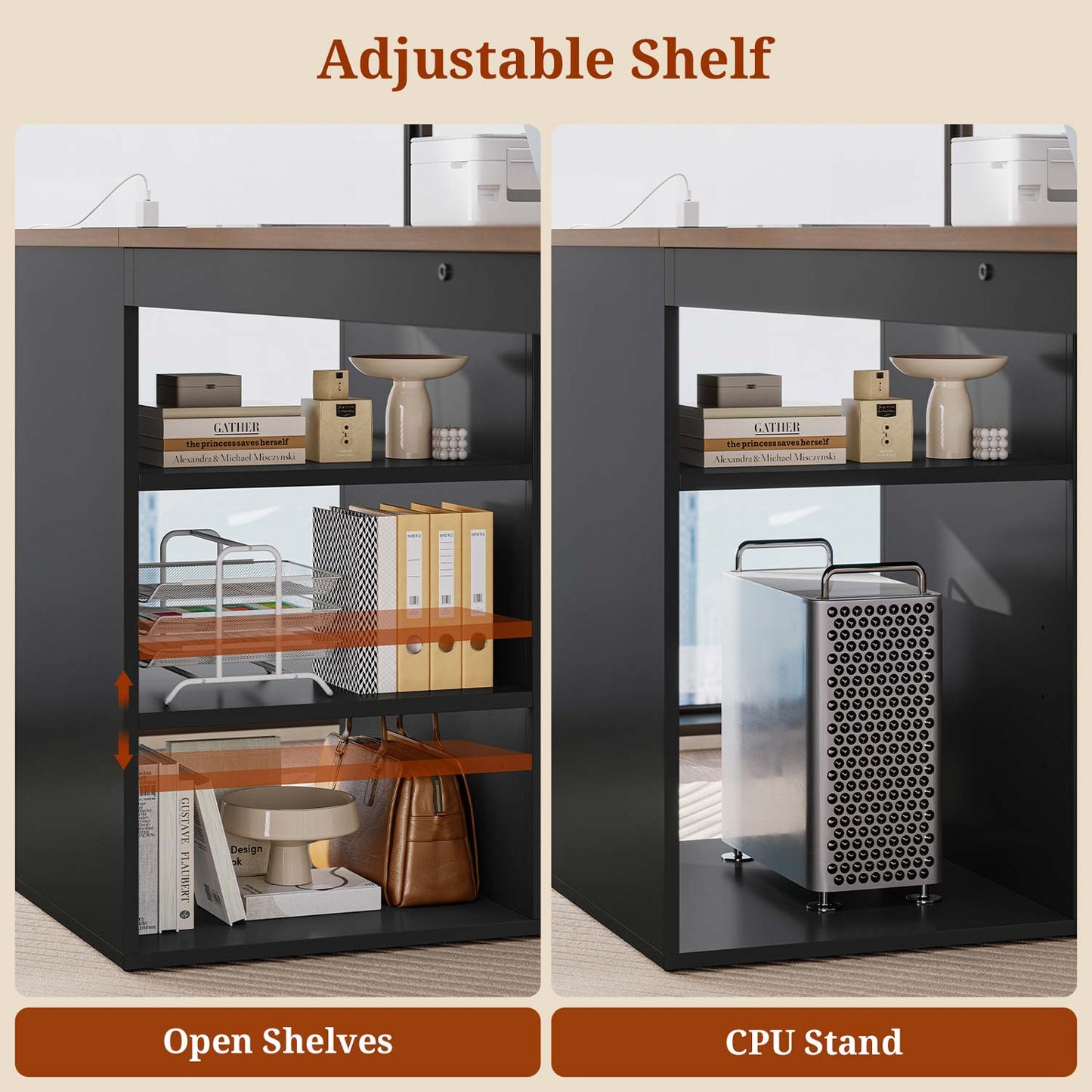 70.9" Power Outlet Desk with Adjustable Storage Shelves Walnut