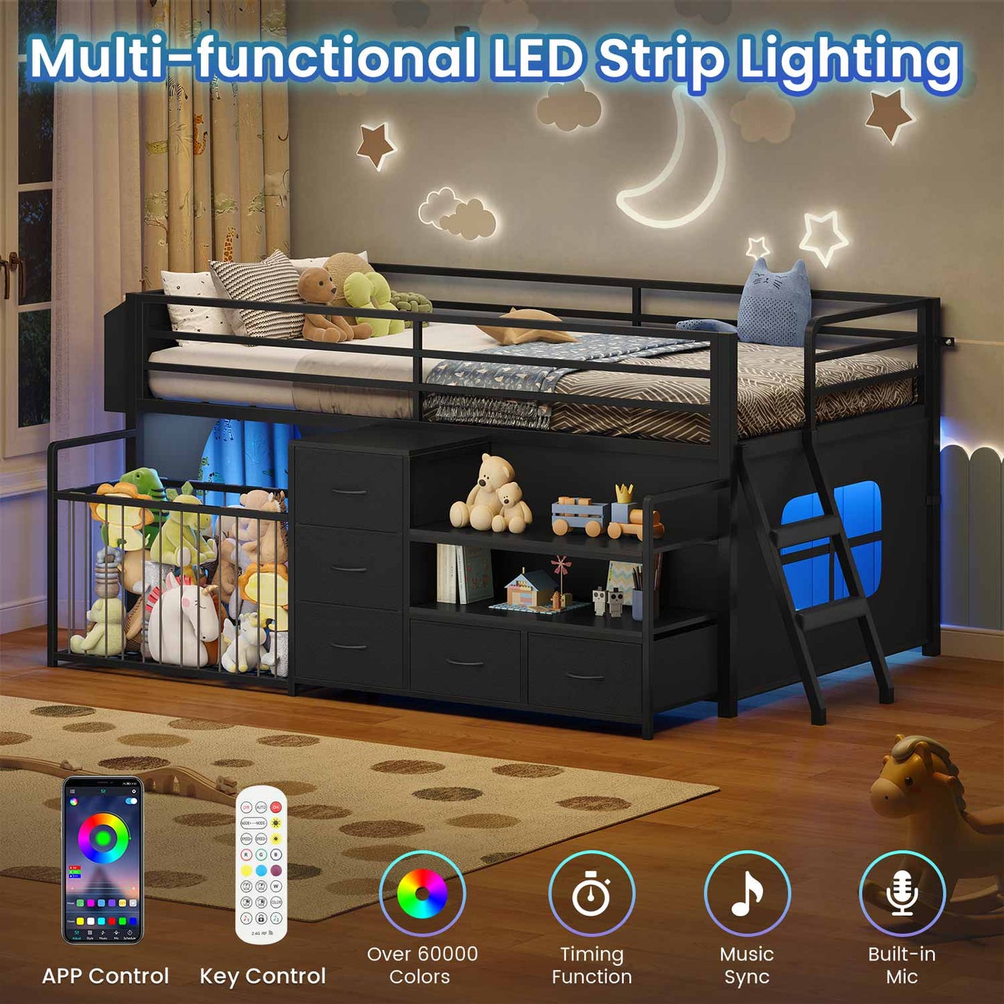 Twin Size Low Loft Bed with Storage Shelves Drawers and LED Lights Black