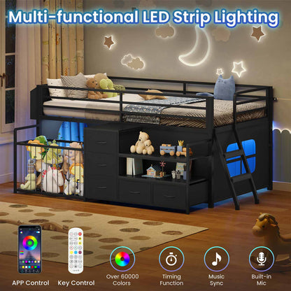 Twin Size Low Loft Bed with Storage Shelves Drawers and LED Lights Black