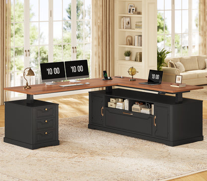 Electric Standing Desk with Storage Drawers and Cabinets Black walnut
