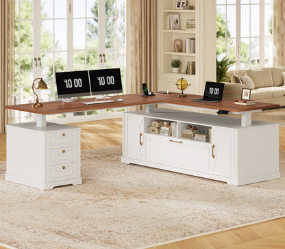 Electric Standing Desk with Storage Drawers and Cabinets White walnut