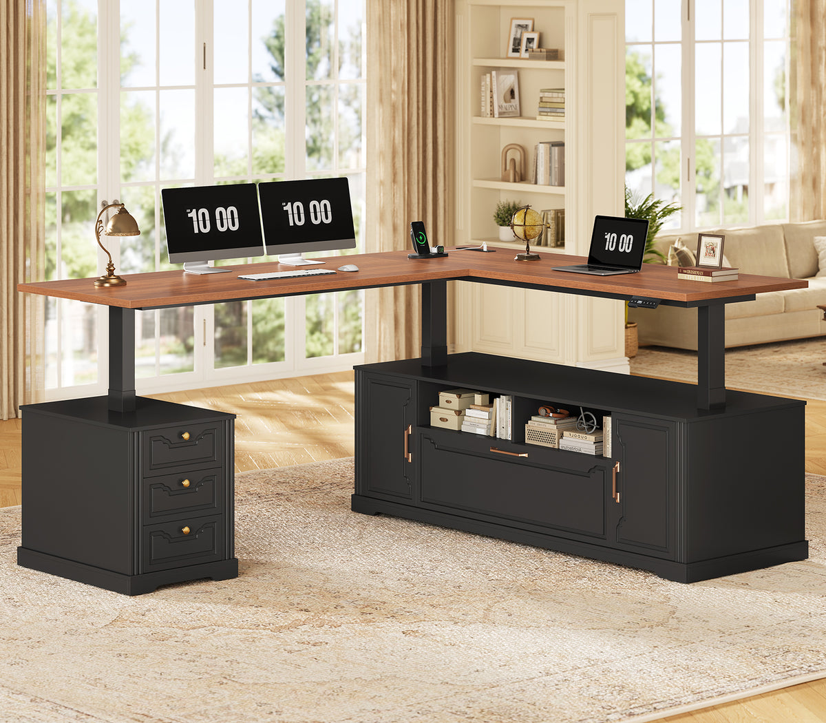Electric Standing Desk with Storage Drawers and Cabinets Black walnut