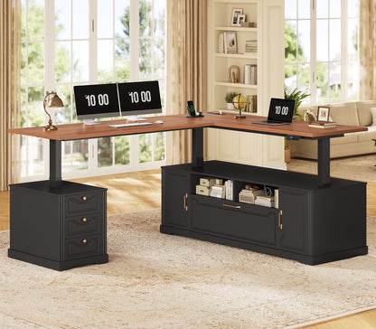 Electric Standing Desk with Storage Drawers and Cabinets Black walnut