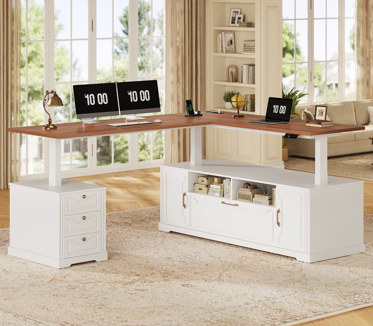 Electric Standing Desk with Storage Drawers and Cabinets White walnut
